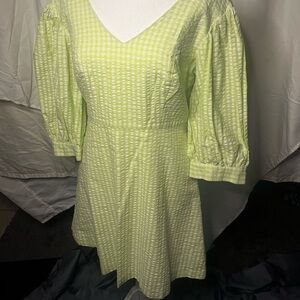 UO Lena lime green and white gingham print puff sleeve mini dress